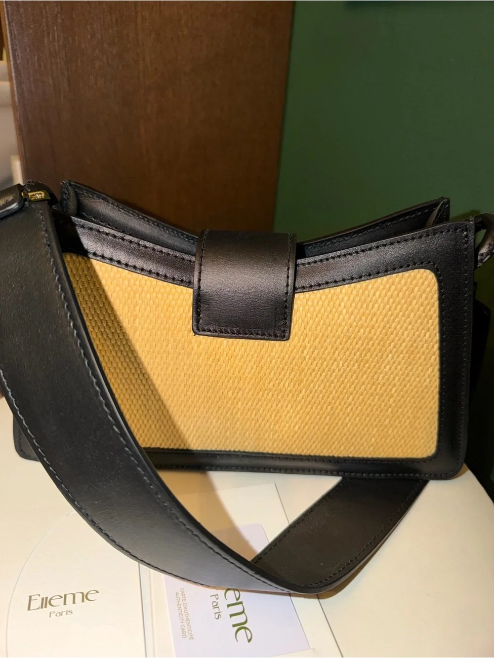 Elleme Black Leather Shoulder Bag with Yellow Raffia Panel